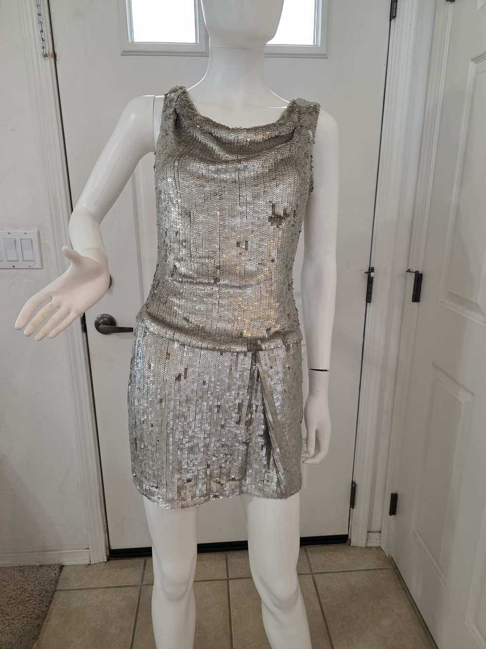Parker Silver Sequin Cowl Neck Mini Dress
